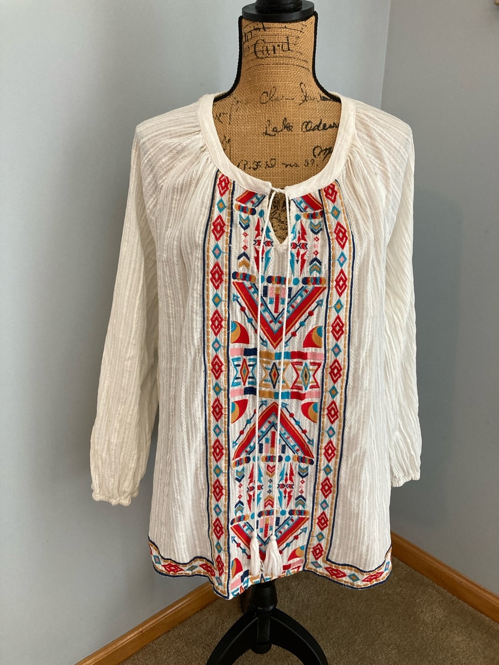 Savanna Jane Ivory Peasant Tunic with Red and Blue Embroidery Women Size 1X